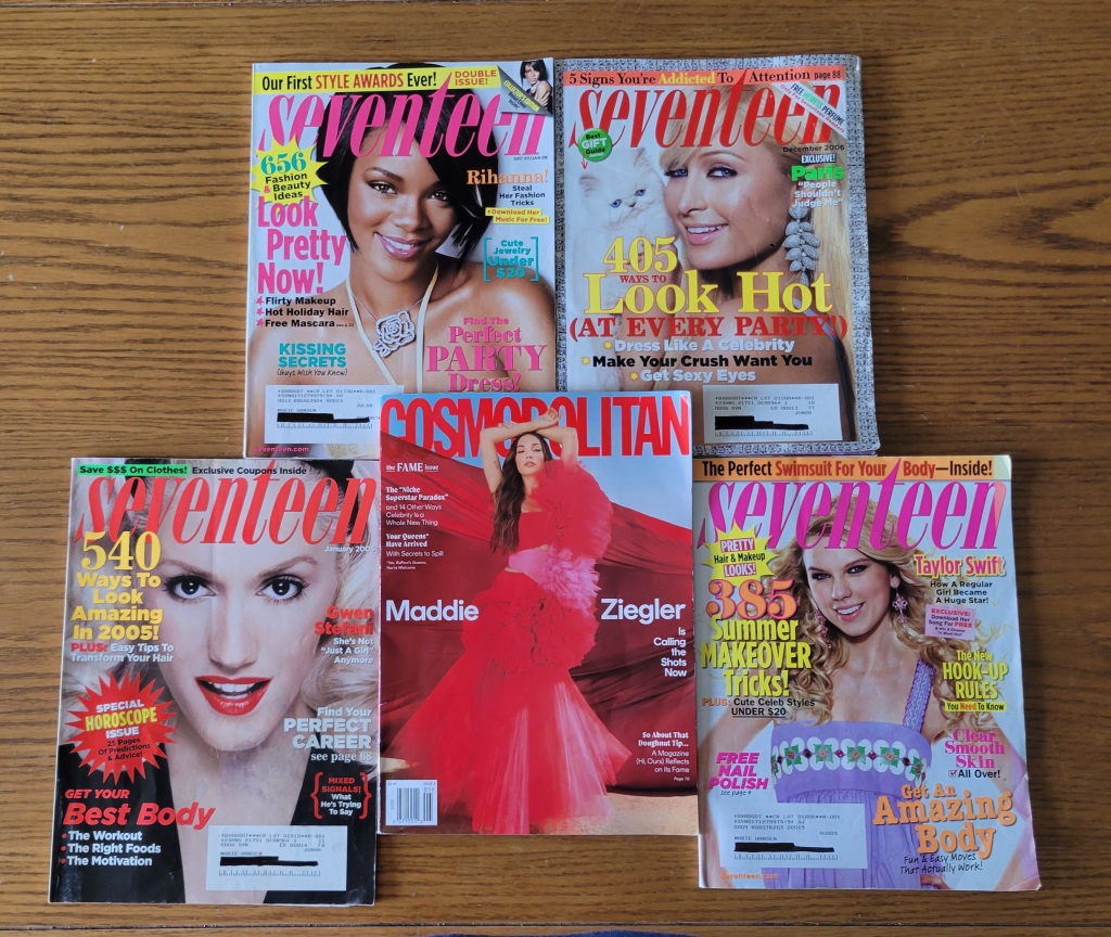 Cosmopolitan magazine surrounded by four issues of Seventeen magazine